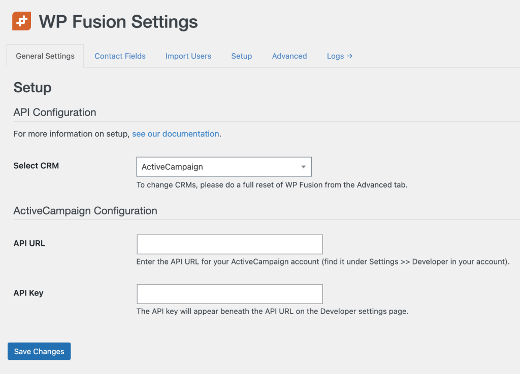 Select and connect to your CRM via WP Fusion Settings