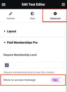 Screenshot of Paid Memberships Pro settings in Elementor