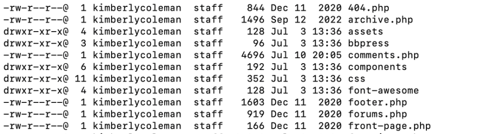 Screenshot example of command line listing folder permissions