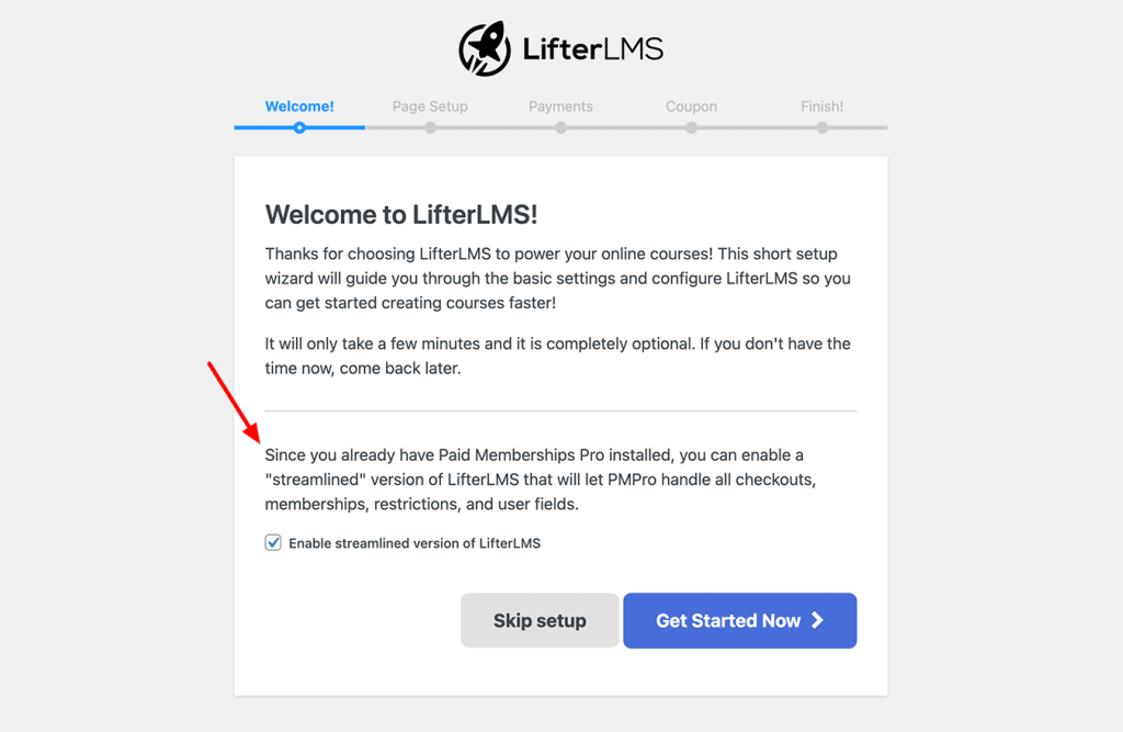 Screenshot of the LifterLMS Setup Wizard and Compatibility Mode Option with PMPro v2.12+