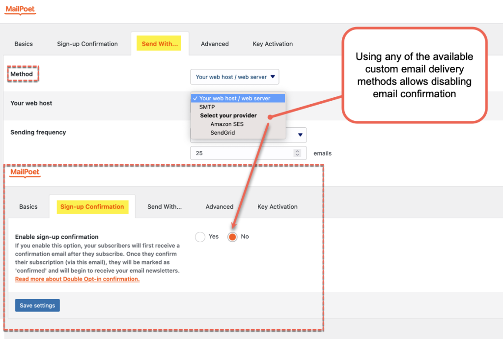 Screenshot of MailPoet settings showing options to change send with message and sign-up confirmation