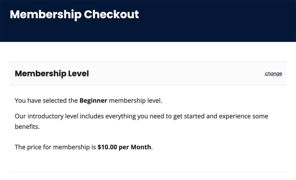 Screenshot of membership checkout to gain access to restricted content