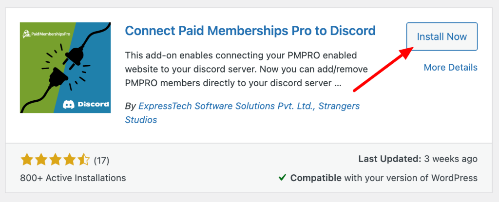 Screenshot of Install Now Connect Paid Memberships Pro to Discord 