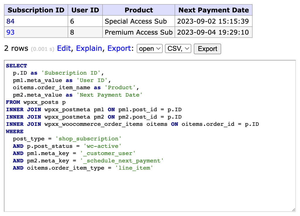 Example image of the information you gain from running the MySQL command above