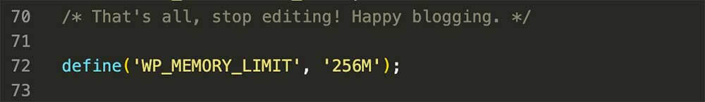 Screenshot of define('WP_MEMORY_LIMIT', '256M');.