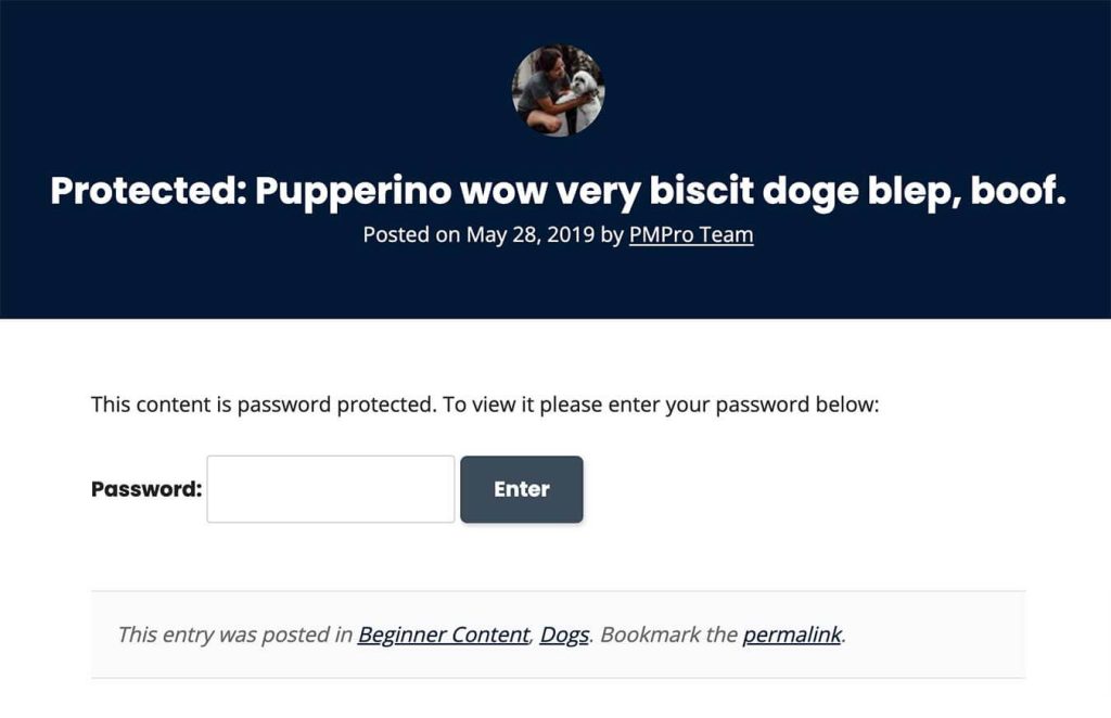 Screenshot of password protected WP post