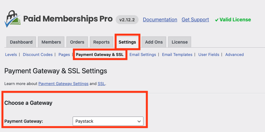 Screenshot of PMPro Payment Gateway & SSL settings