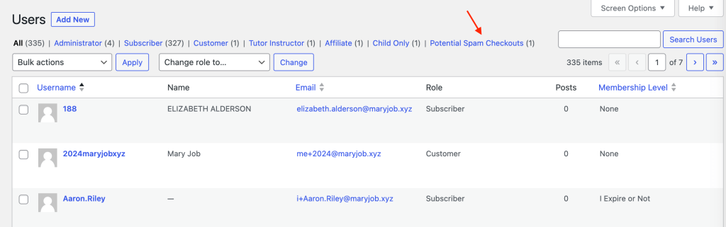 Screenshot of WordPress Users table showing the Potential Spam Checkouts filter.