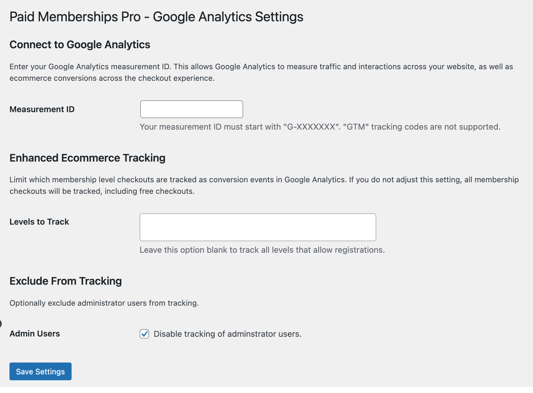 Screenshot of the settings page for the Google Analytics Integration for Paid Memberships Pro 