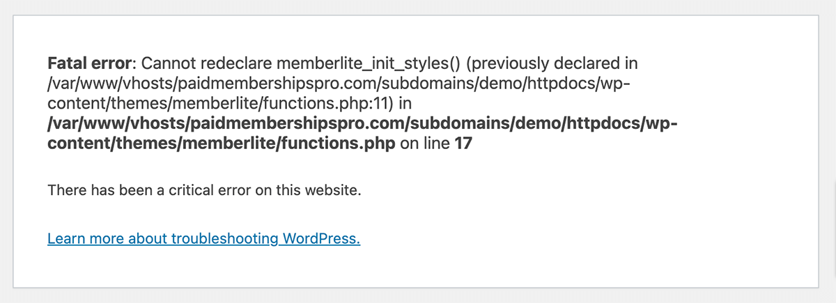 WordPress site critical error message with debugging enabled to identify the plugin that needs to be deactivated