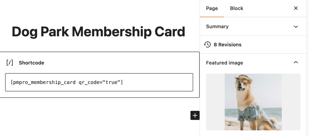Screenshot of the WordPress post editor of the shortcode on the  membership card page