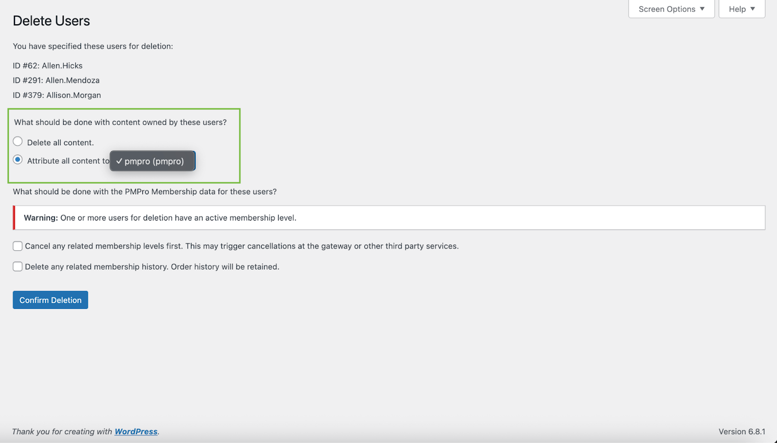 Screenshot of the Delete Users screen in WordPress