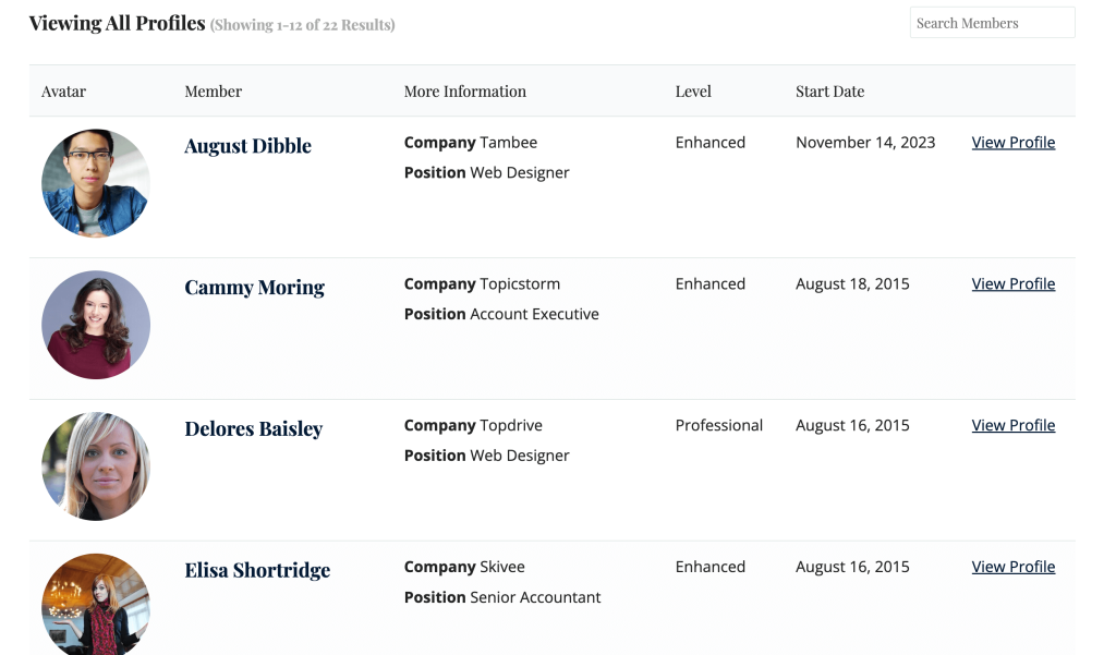 Example of the Member Directory in the Table Layout