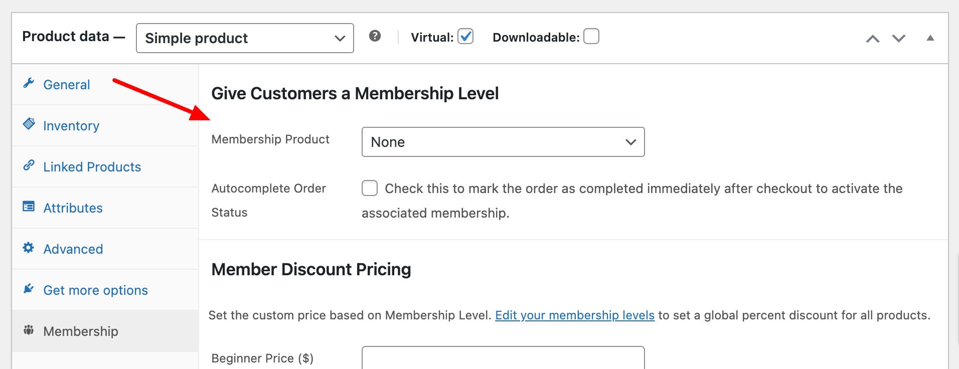 Screenshot of the settings page when you edit a single product in WooCommerce