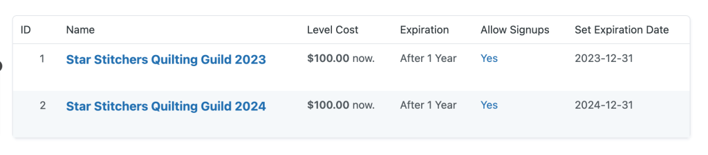 Screenshot of Guild membership levels set to expire in 1 year