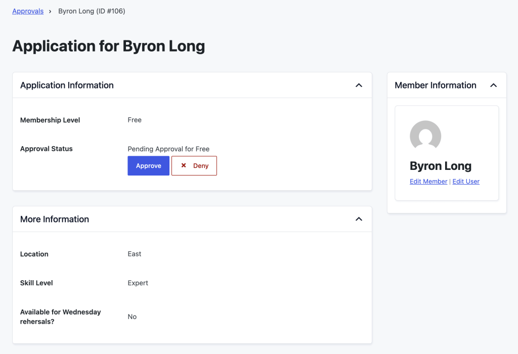 User Application Information screen showing custom user fields, applicant's avatar, and links to Edit Member and Edit User