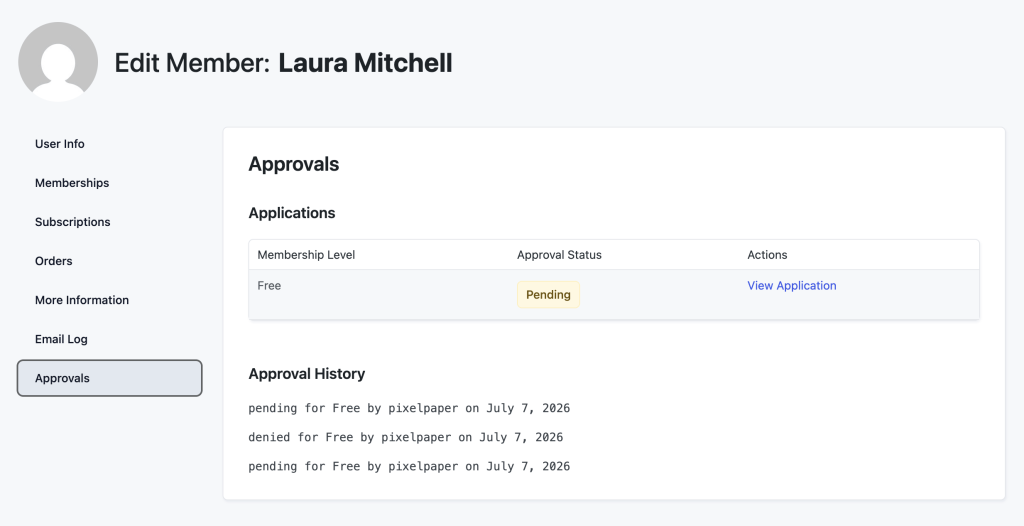 Approvals panel on the Memberships > Members > Edit Member screen for a member who has submitted an application, showing the Approvals and Approval History subsections