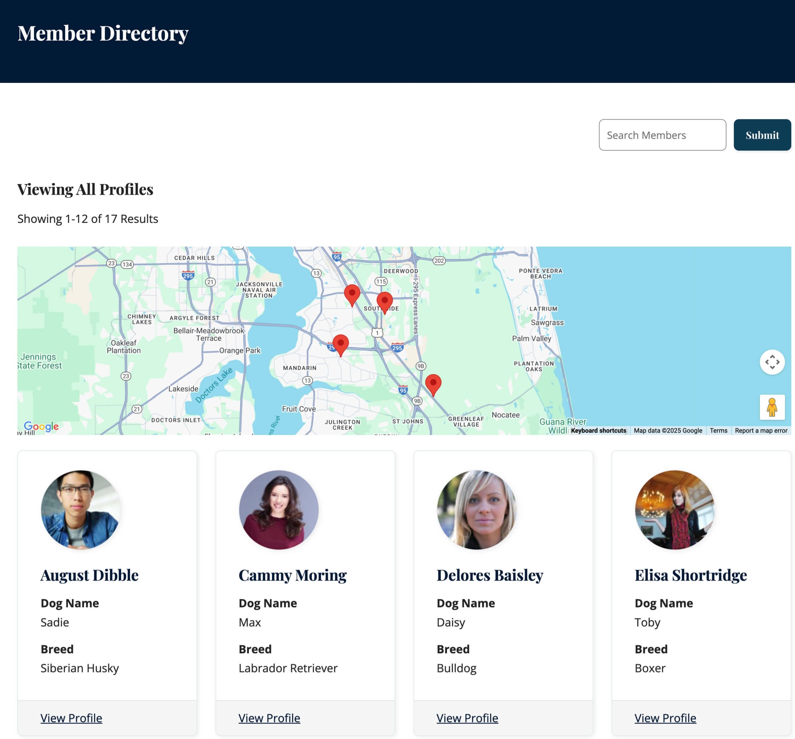 Screenshot of the 4 column membership directory layout with map