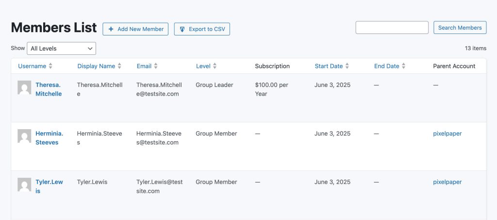 Screenshot of the Members List showing the Parent Account that the Child is linked to