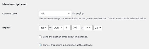 Screenshot of Membership Level Edit Page highlighting the check box to cancel the user's subscription at the gateway