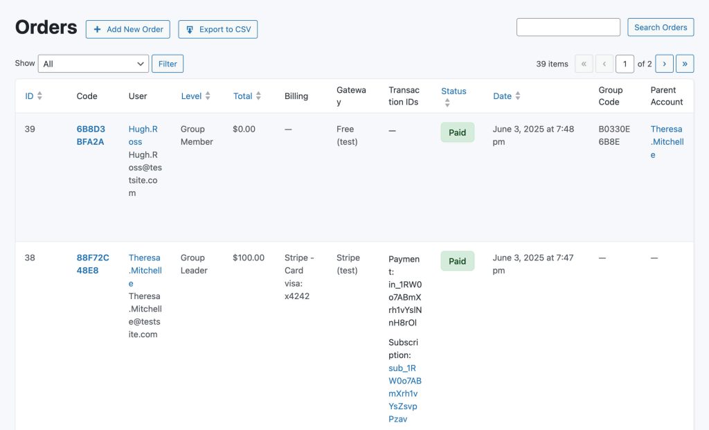 Screenshot of the Order List showing the Group Code and Parent Account that the Child is linked to