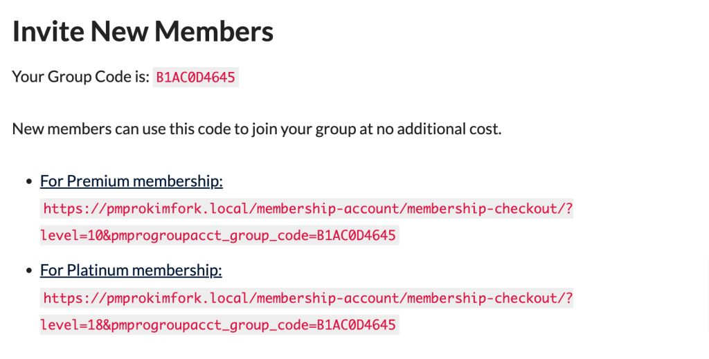Parent Accounts and Admins can see the group code and direct checkout links using the PMPro Group Accounts Add On