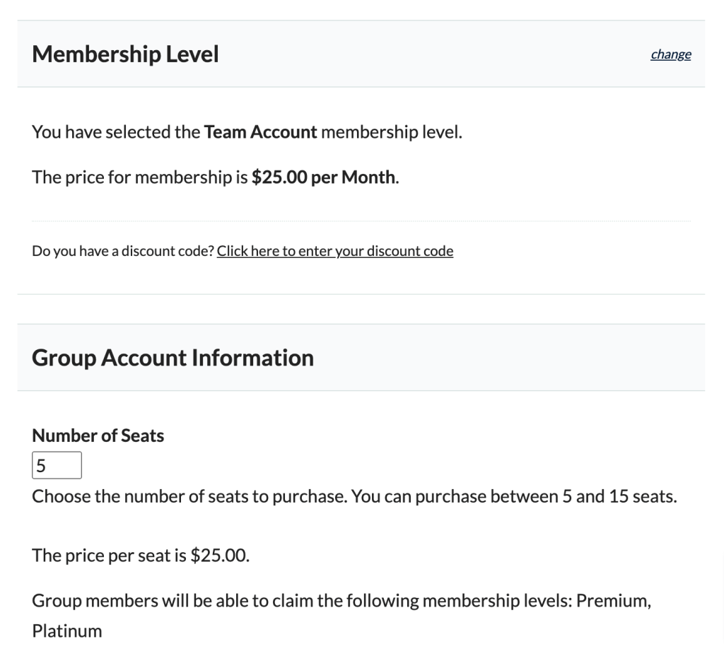 Parent Account checkout fields to select the number of seats to purchase using the PMPro Group Accounts Add On