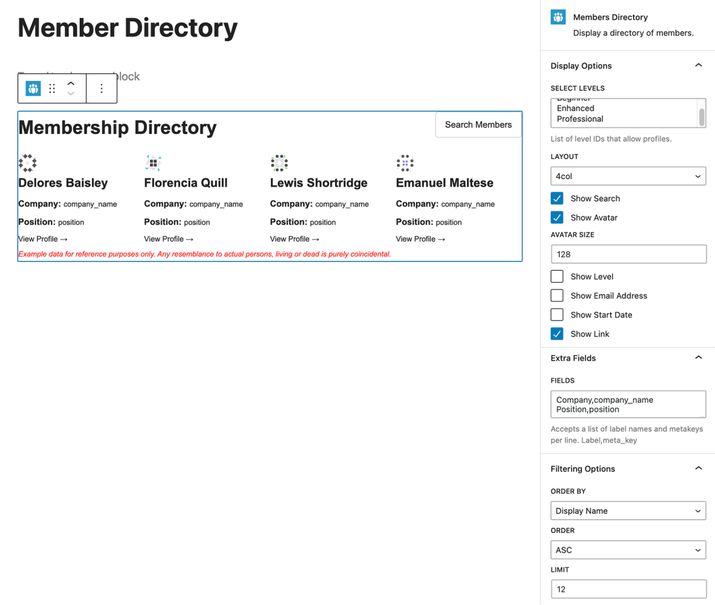 Screenshot of the Member Directory block in the WordPress Editor with settings panel in the Member Directory and Profiles Add On for Paid Memberships Pro