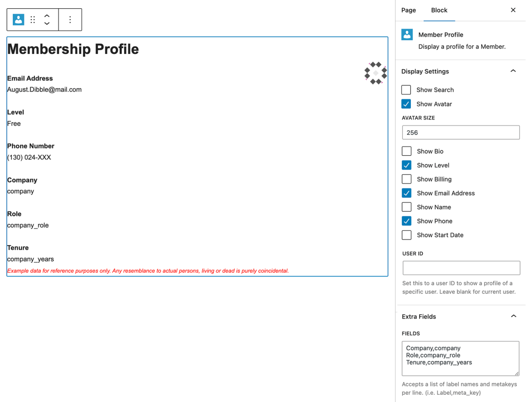 Screenshot of the Member Profile block in the WordPress Editor with settings panel in the Member Directory and Profiles Add On for Paid Memberships Pro