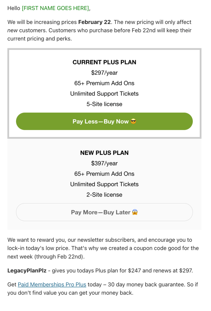 Sample email from Paid Memberships Pro regarding price increase