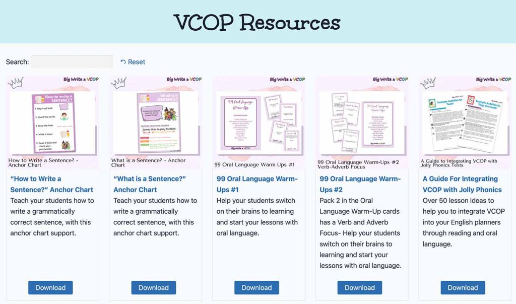 Grid of resources available on Sammy Taylor's VCOP website