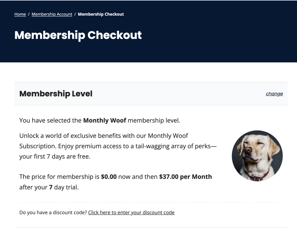 Screenshot of example membership checkout using Subscription Delays with a 7 day free trial 
