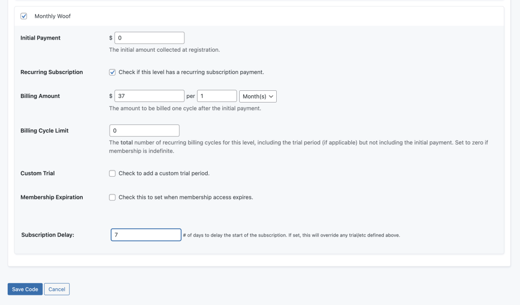 Screenshot of subscription delay settings within Discount Code Settings