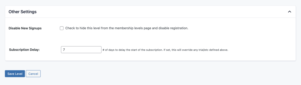 Screenshot of subscription delay settings within membership level settings