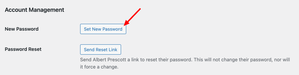 The Set New Password button on the WordPress Edit User screen
