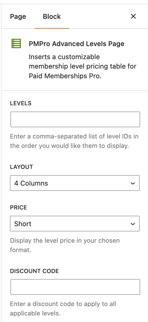 Screenshot of pmpro advanced levels page block settings in backend block editor 