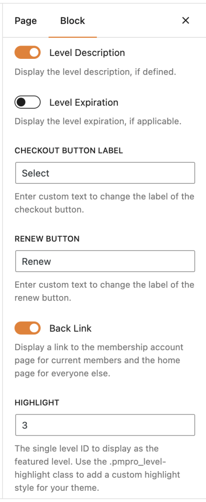 Screenshot of pmpro advanced levels page block settings in backend block editor 