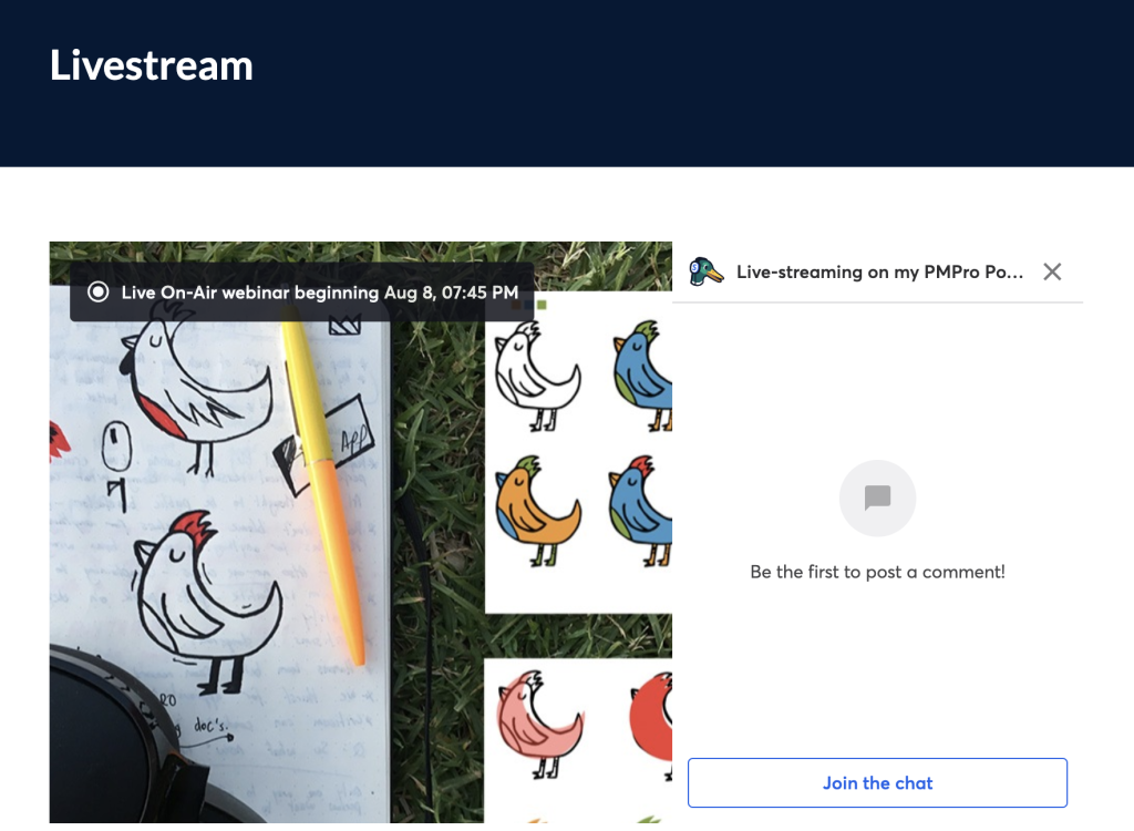 Screenshot of frontend live stream with ability to join live chat