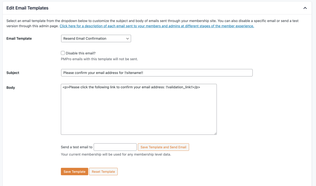 Screenshot of the email template customize screen to adjust the resend email confirmation email. 