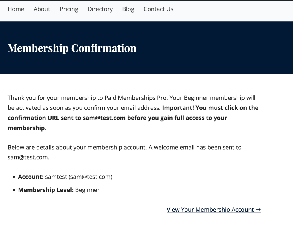 Screenshot of Membership Confirmation page verifying the requirement to click on the confirmation URL sent to the members email account