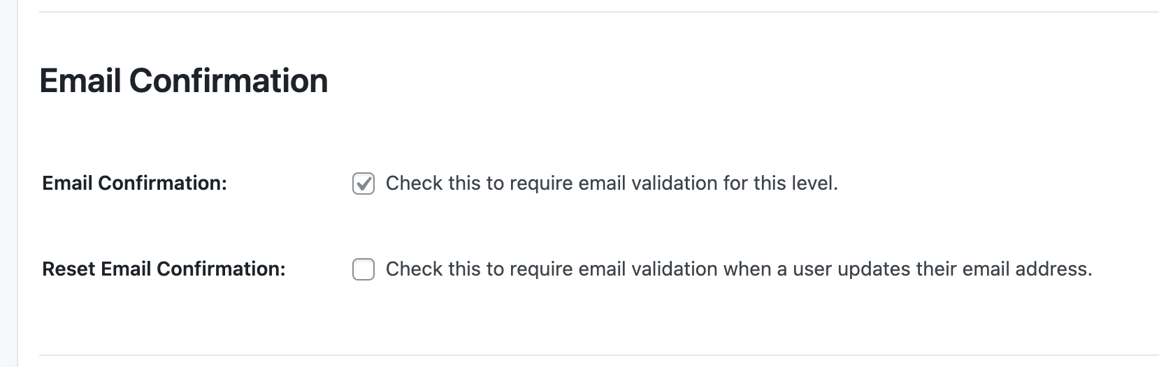Screenshot of Membership Level settings to require email validation for the specified level.