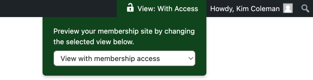 Screenshot of WordPress admin toolbar viewing with access or as a member