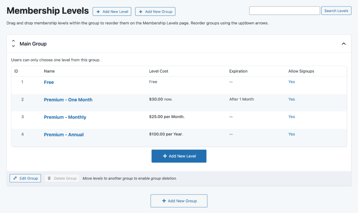 Paid Memberships Pro Level Groups
