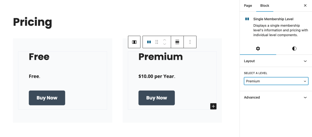 Screenshot of the WordPress block editor with the single Level block with individual block components to build beautiful pricing pages