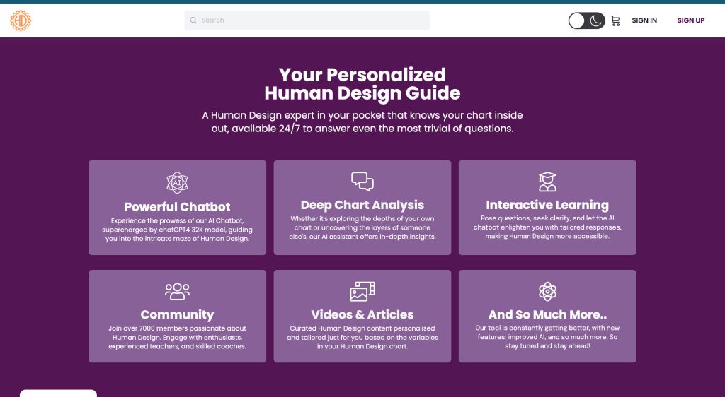 Screenshot of Human Design website showing the options for "Your Personalized Human Design Guide"