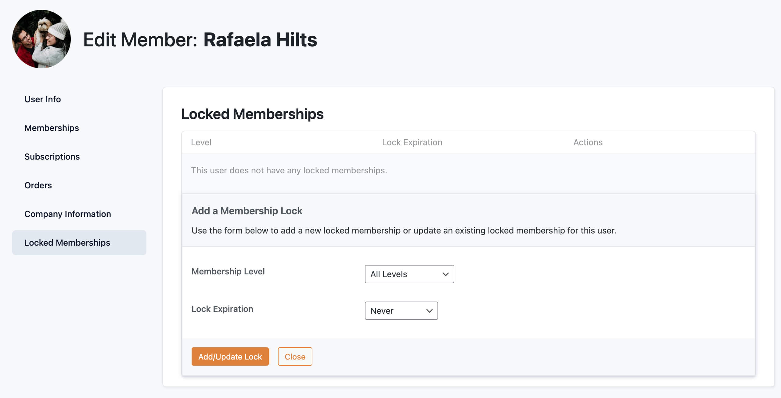 Screenshot of Edit Member Locked Membership Panel and settings in Memberships > Member LIst 