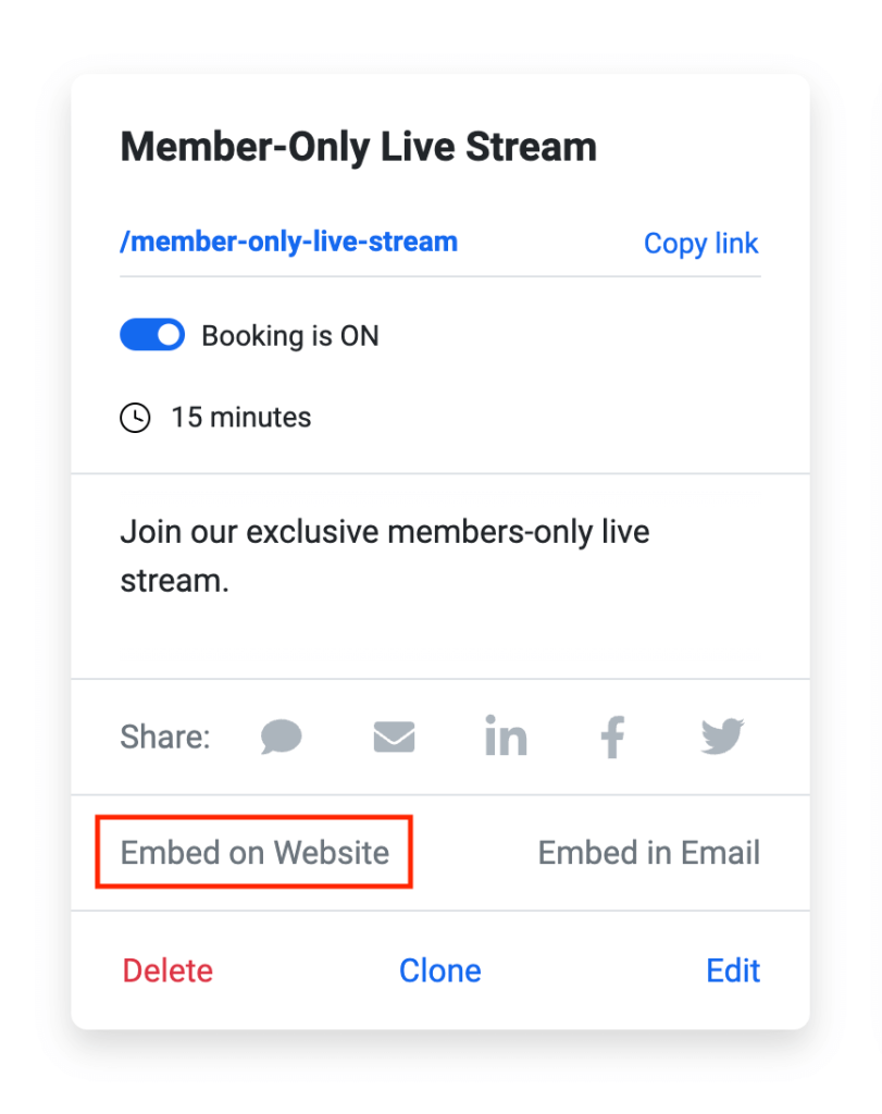 Screenshot of TidyCal bookings highlighting the "Embed on Website" option
