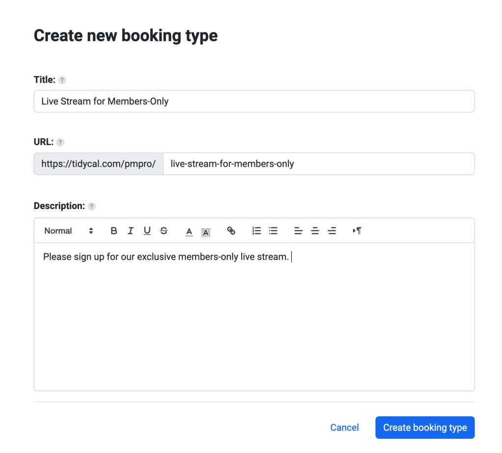 Screenshot of TidyCal Create new booking type