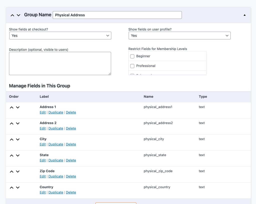 Example User Fields group for Physical Address with individual address type fields 