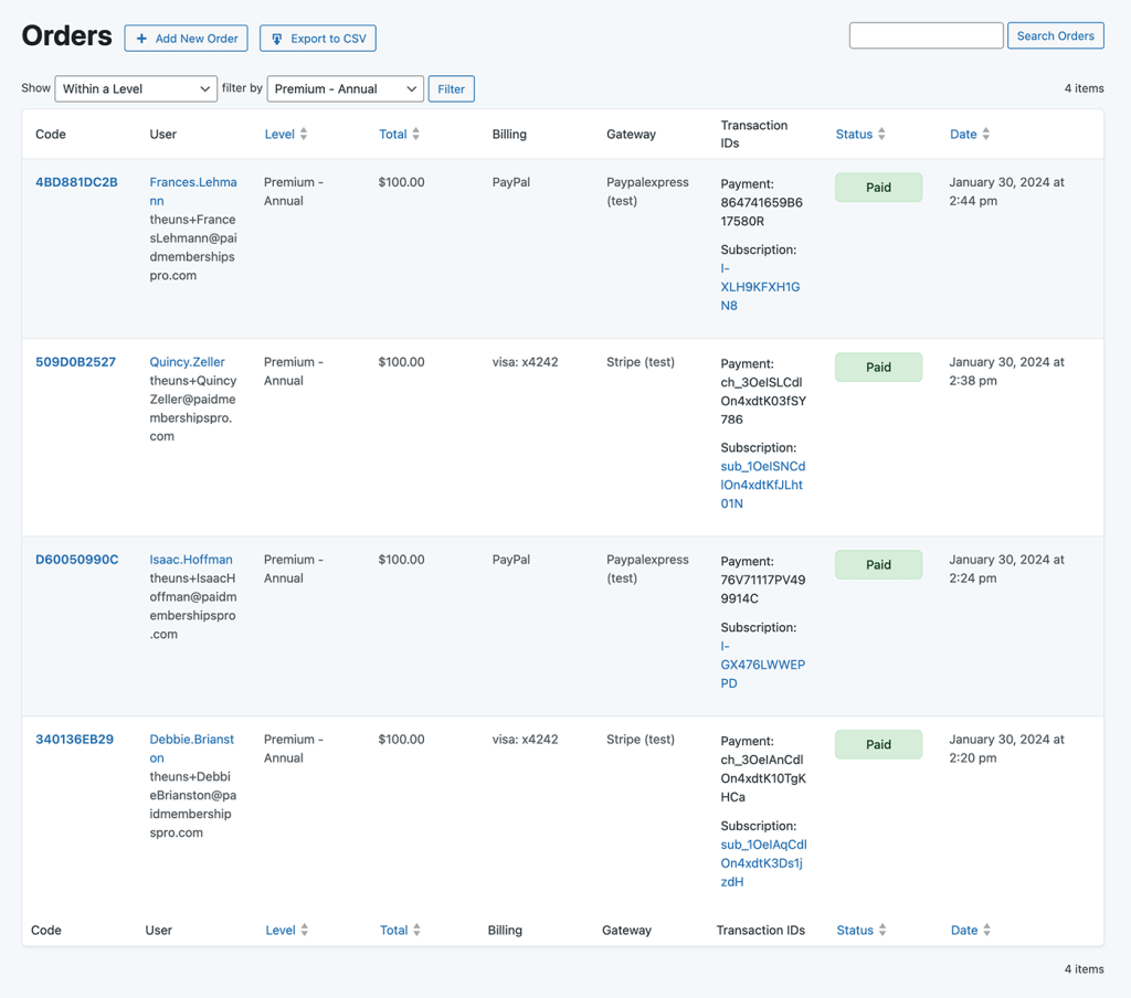 Screenshot of the PMPro Orders List table in the WordPress admin